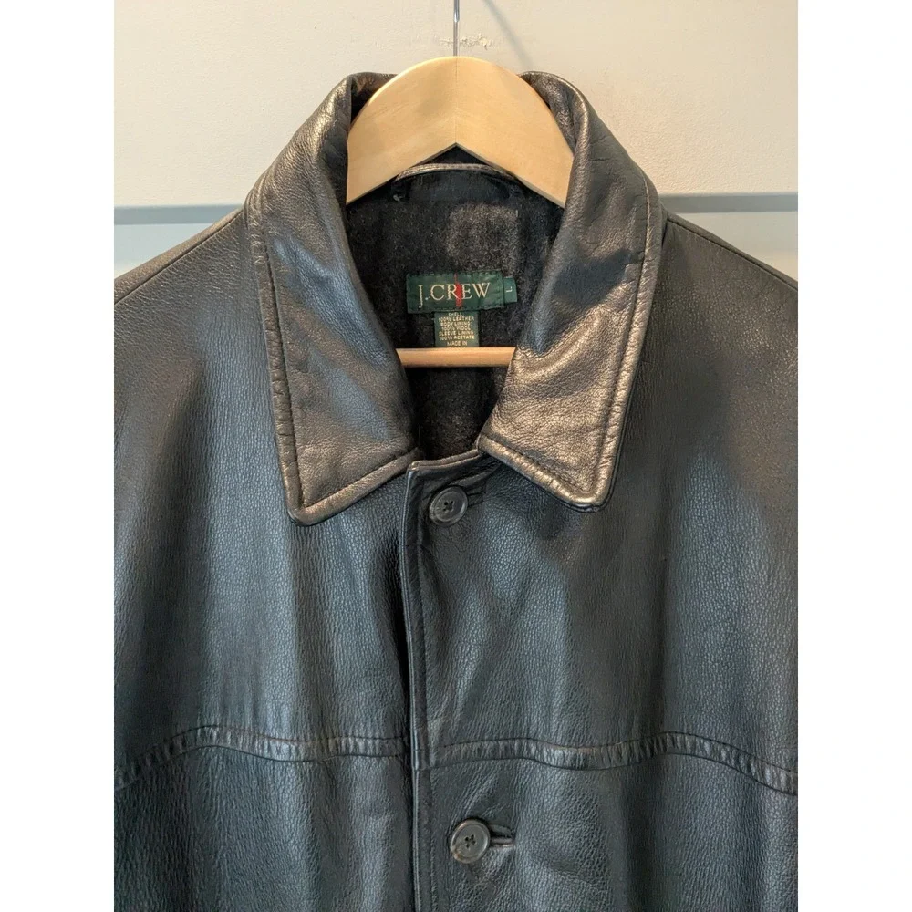 J Crew Oarsman Mens Black Leather‎ Button Front Lined Jacket Size Large READ